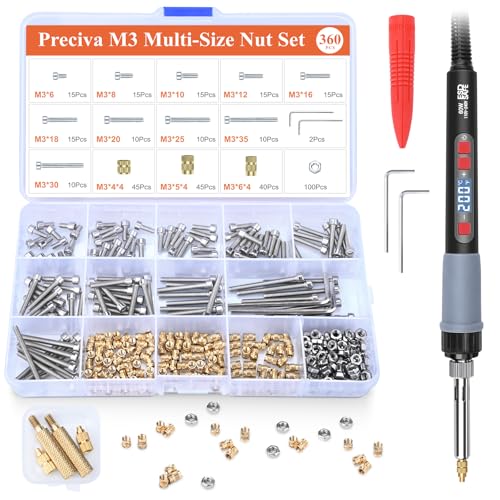 Preciva M3 Threaded Inserts Set, 360Pcs Heat Set Bolts Nuts with M3 Insert Tip and 60W Digital Soldering Iron, for 3D Printer Parts or Plastic Parts