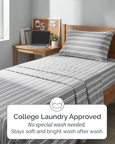 Image of Twin XL 4 Piece Sheet Set - College Dorm Room Essentials - Grey Stripes | Ultra Soft Dorm Bedding Set, 8 inch to 16 inch Inch Deep Pockets, 1 Flat & 1 Fitted Sheet & 2 Pillowcases, Wrinkle & Fade Free