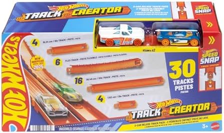 Hot Wheels Track Creator Deluxe Pack und 2 Spielzeugautos | Enthält 760 cm Speed Snap Track und Verbinder, mehrere Aufbauten, 2 Die-Cast-Autos 1:64, JDW42