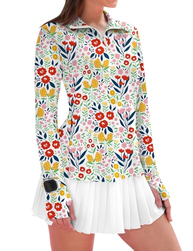 IECCP Womens Hiking Shirts Long Sleeve Collared V Neck Tennis Shirts UPF 50+ Sun Protection 1/4 Zip Pullover with Thumb Hole (Small Floral,XL)