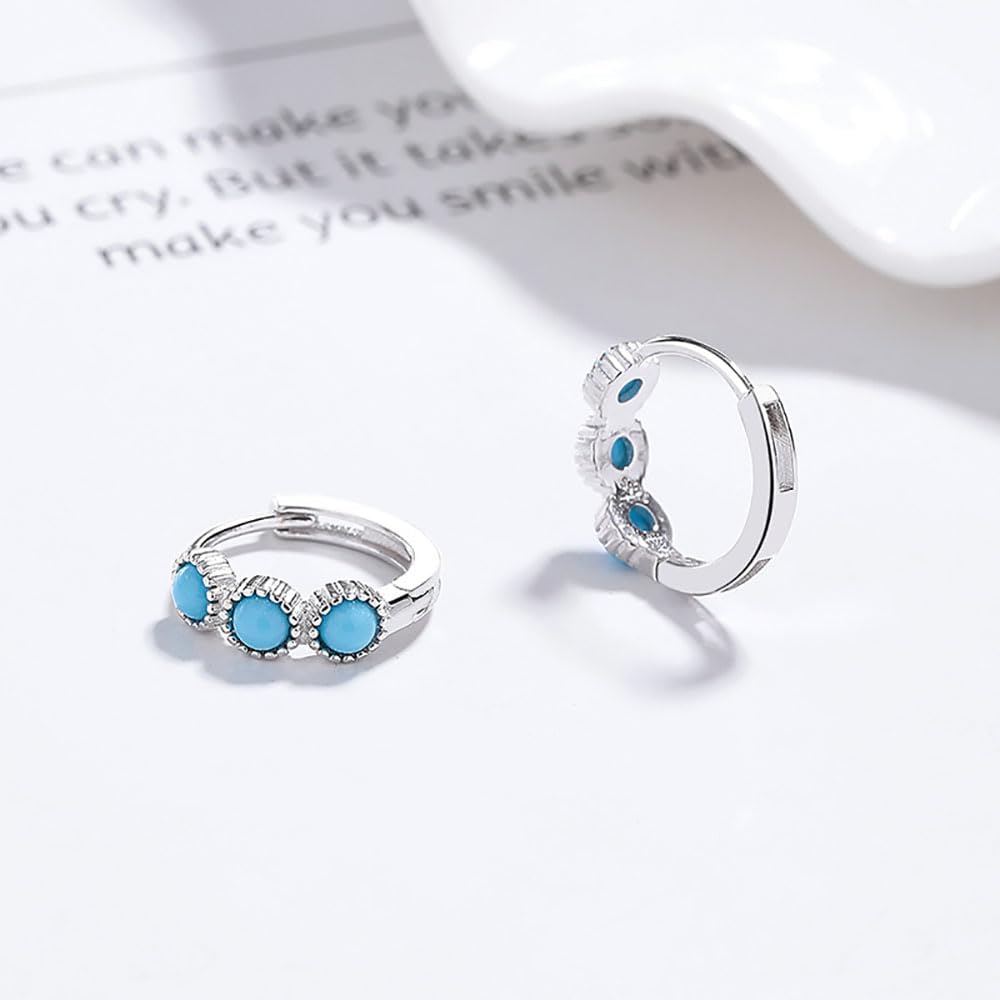 Kokoma Round Turquoise Small Hoop Earrings 925 Sterling Silver for Women Girls Minimalist Huggie Hoops Cartilage Earrings Hypoallergenic Ear Jewelry - Image 3