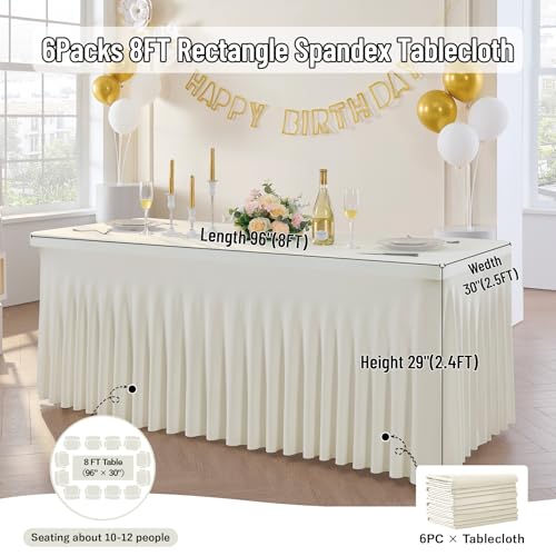 Image of Outpain 8ft Spandex Table Cloth for Standard Folding Tables-6Pack Ivory Table Cloth Table Protector for Party, Wedding, Cocktail, Banquet, Festival
