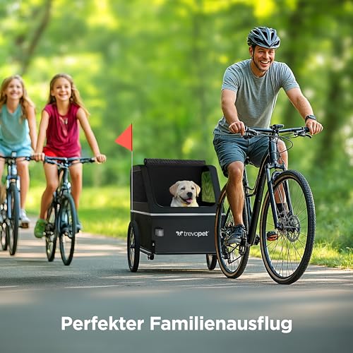 Trevopet® Hundeanhänger für Fahrrad XL – Faltbarer Hundefahrradanhänger mit Rampe, Federung & Kupplung – Fahrradanhänger Hunde bis 45 kg – Wasserdicht – Kompatibel mit E-Bikes – Shwarz