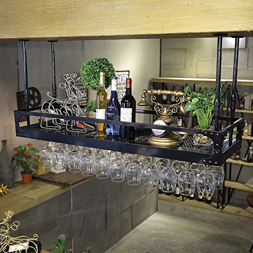 LUCEAE Estante de vino colgante de techo para copas de vino, soporte para botellas de vino, decoración de loft, estante para copas para bar/negro/60 x 35 cm