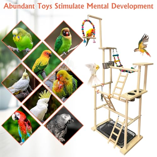 Image of Hamiledyi Natural Wood Bird Playground Stand with 4 Large Layers - Exercise Perch for Parrots Cockatiels and Small Birds Indoor Bird Activity Center with Ladders and Swings
