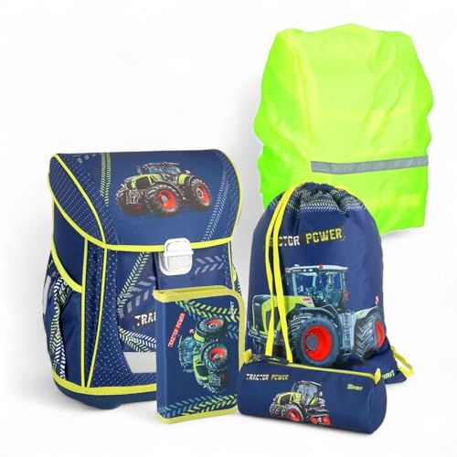 Fun Unlimited Traktor Tractor Power Schulranzen Set 5 teilig - Spirit Cool mit Schuh-/Sportbeutel , Schlamper, Gummizugmappe A4 und Regenschutz, Blau Grün, ca.23/34/42 cm, TTS408868