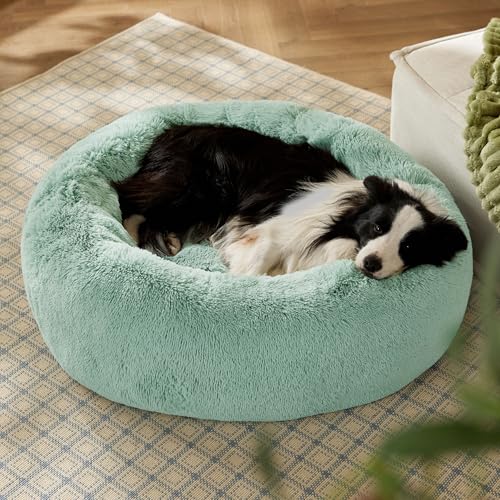 Image of Bedsure Calming Dog Bed for Large Dogs - Donut Washable Large Pet Bed, 36 inches Anti-Slip Round Fluffy Plush Faux Fur Dog Bed, Fits up to 80 lbs Pets, Apple Green