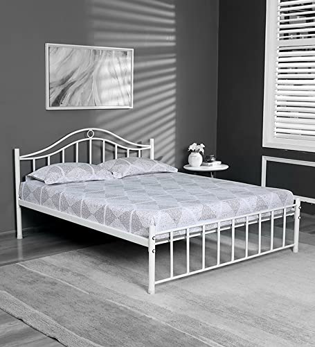 Image of Globally Indian Signature Designs Metal Queen Size Bed | Modern Bed with Sturdy Frame & Easy DIY Assembly | Ideal for Bedroom Use 5 x 6 Ft | White Metal with MDF Support