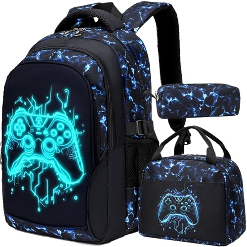 Jumpopack Gamer Boys Backpack Luminous School Backpacks for Boys Elementary School Bag Bookbag Kids Backpack with Lunch Box Luminous Gamer Print