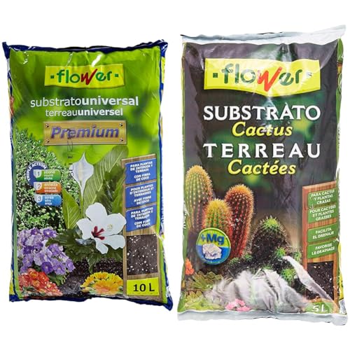 Flower - Substrato Universal Premium 10L, Ideal para Plantas de Interior, Exterior & Flower Substrato Cactus 5l, Marrón, 23 x 4 x 40 cm