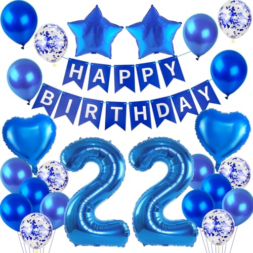 Globos para 22 cumpleaños, decoración de hombre, color azul, globos de 22 cumpleaños, decoración de 22 años, decoración de cumpleaños para hombre, guirnalda de "Happy Birthday", color azul
