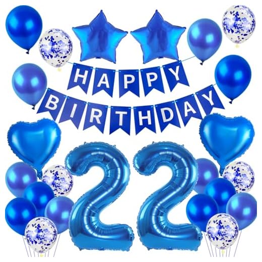 Globos para 22 cumpleaños, decoración de hombre, color azul, globos de 22 cumpleaños, decoración de 22 años, decoración de cumpleaños para hombre, guirnalda de "Happy Birthday", color azul