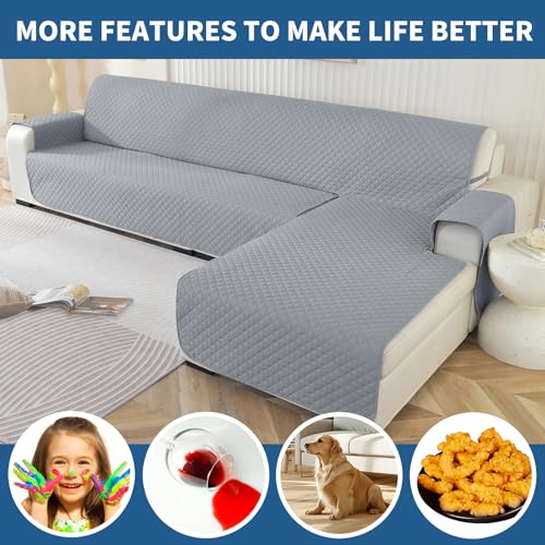 Miniatura 7 de Ystellaa Impermeable Funda Sofa Chaise Long 3 Plazas, Cubre Sofa Chaise Longue Izquierdo Derecho Universal Reversible, Anti Gato Y Perro Mascota, Protector Antimanchas Y Resistente, Gris Claro