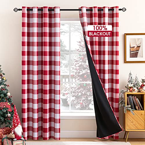 MIULEE Christmas Buffalo Plaid Blackout Curtains 52" x 84" Red and White
