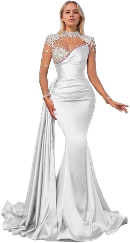 High Neck Mermaid Prom Dresses Long Sleeves Sweetheart Tulle Beaded Satin Pleated Tight Formal Dresses Evening Party Gowns