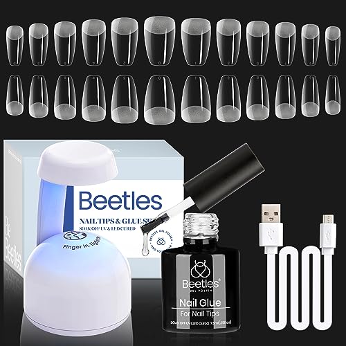 Beetles Gel Nail Kit Coffin: 504Pcs False Nail Tips Easy Nail Extension Set Short Coffin Shape 5 In 1 Nail Glue Uv Led Lamp Acrylic Gel Nail Kit DIY Nails Art Gifts for Women