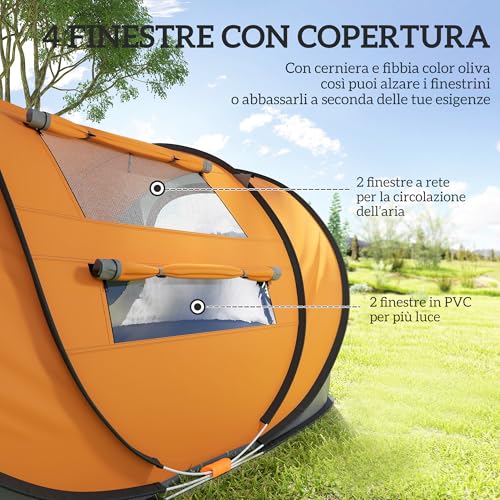 Outsunny Tenda Da Campeggio Pop Up Per 4 Persone, Tenda Campeggio Familiare 4 Posti 2000Mm Con Porta, Finestre Laterali E Borsa Di Trasporto, Anti Uv 20+, 263.5X220X123 Cm, Arancione - 5