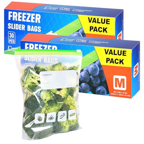 Slider Ziplock Freezer Bags 60pcs(2.27L), Food Storage Bags BPA Free Sandwich Bag Reusable Zip Seal Plastic Bag with Expandable Bottom for Food, Meat, Grains, Fruits, Vegetables