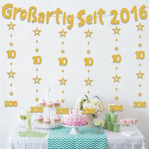 10. Geburtstag Deko Junge Mädchen - 7 Stück Gold Großartig Seit 2016 Girlanden mit Zahlen 10 und Jahreszahl, Glitzer Banner und Hängedeko für Kinder Geburtstag Feier