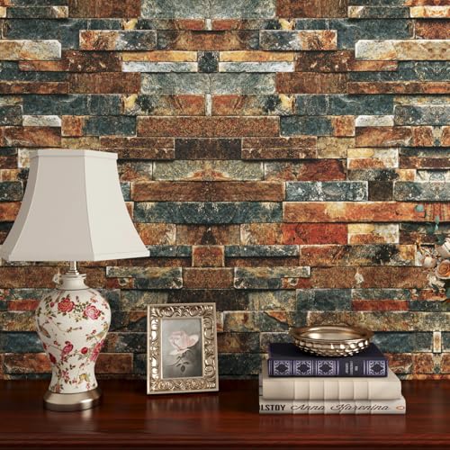 FunStick Vintage Faux Brick Wallpaper Peel and Stick 3D Textured Squares Brown Red Blue Brick Wall Paper Roll for Kitchen Bedroom Waterproof Brick Contact Paper for Walls Fireplace Removable 15.8'x80'