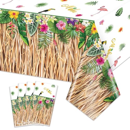 PIXHOTUL Paquete De 4 Manteles Hawaianos De Hierba Luau, Falda De Mesa Hawaiana Luau, Decoración De Fiesta, Mantel De Palma Tropical para Verano, Playa, Barbacoa, Fiesta Tropical Ahola, Baby Shower