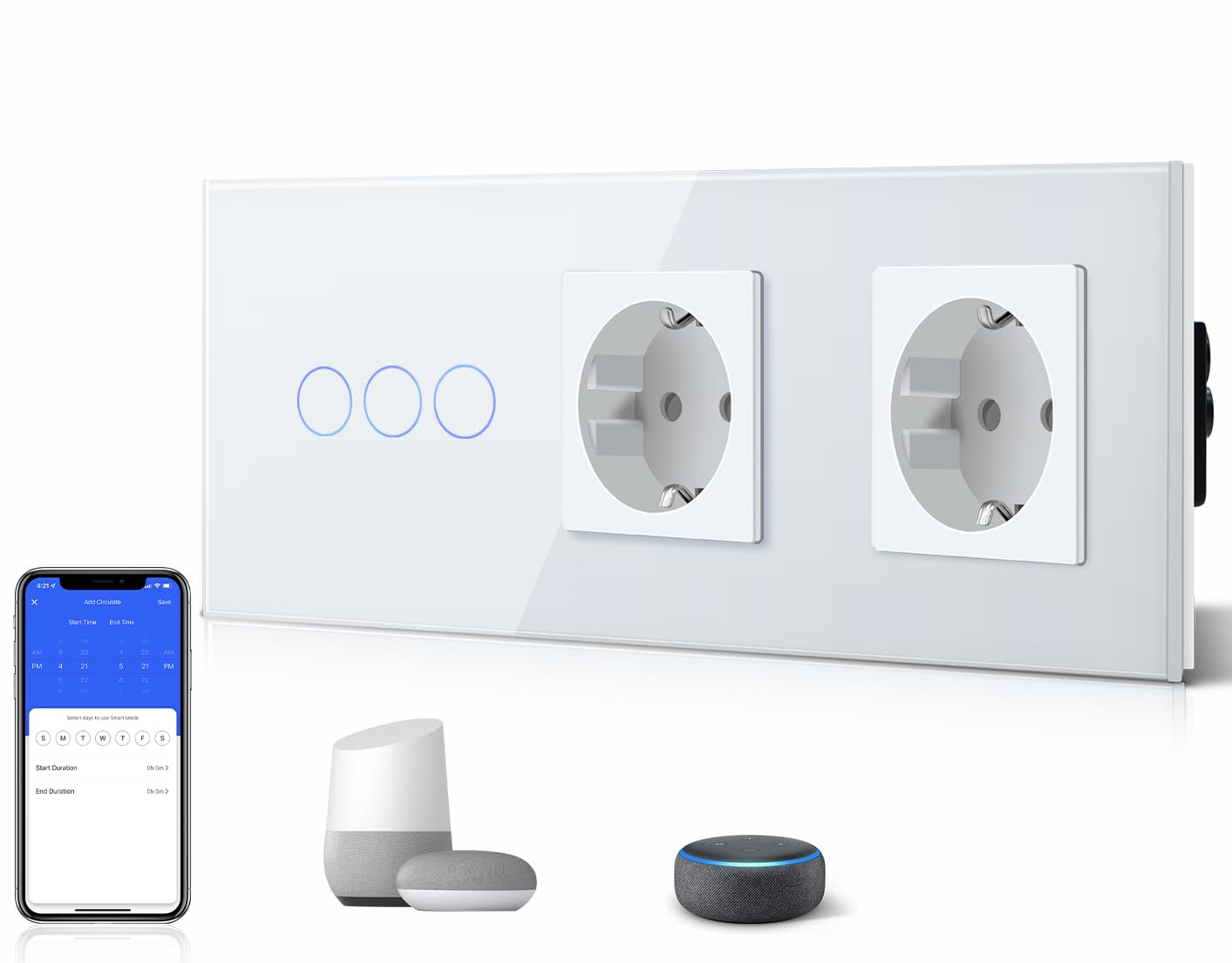 BSEED BSEED - Interruptor táctil con doble enchufe (requiere cable neutro), enchufe normal con interruptor de luz inteligente para Alexa, de cristal, wifi, 1 vía, blanco, para Alexa/Tuya/Google Home/SAMRT