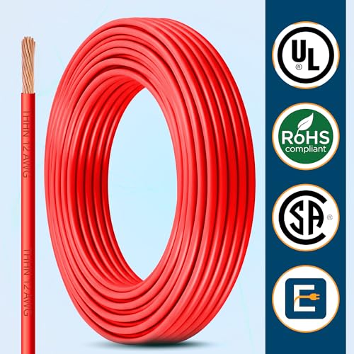 Image of THHN Wire 12 Gauge (12 AWG) 50 FT - Stranded Copper Building Wire for Panel /Control Wiring, Grounding & Lighting Circuits (Residential /Industrial), UL Listed, 600V, THWN-2, PVC /Nylon Jacket, Red