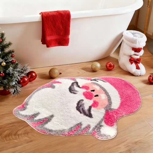 Zrmqh Christmas Bathroom Rugs Cute Pink Santa Bath Mats for Bathroom Xmas Door Mat with Non-Slip Rubber Absorbent Christmas Decor for Bedroom Kitchen Floor