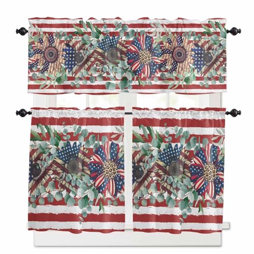 4th of July Kitchen Curtains 36 Inch Length,3 Piece Rod Pocket Small Half Tiers and Valance Set,Red Striped Independence Day Star Botanical Small Large Window Treatment Decor for Bedroom/Bathroom