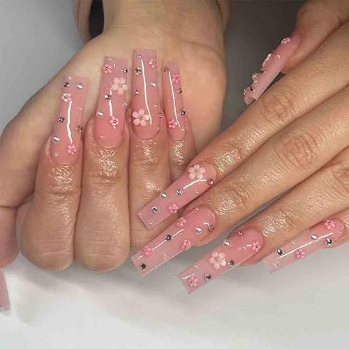 Foccna Uñas postizas a presión de color rosa, uñas postizas largas con flores 3D, cuadradas, brillantes, diamantes de imitación, uñas artificiales