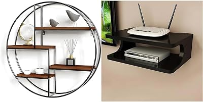 Store Metal Round Floating 4 Tiers Shelves Wooden Bookshelf For Home Wall Decorative Racl Shelf Living Room Bedroom Black Brown Set Top Box Stand Wifi Router Holder Setup Mount Stylish Tv Cabinet