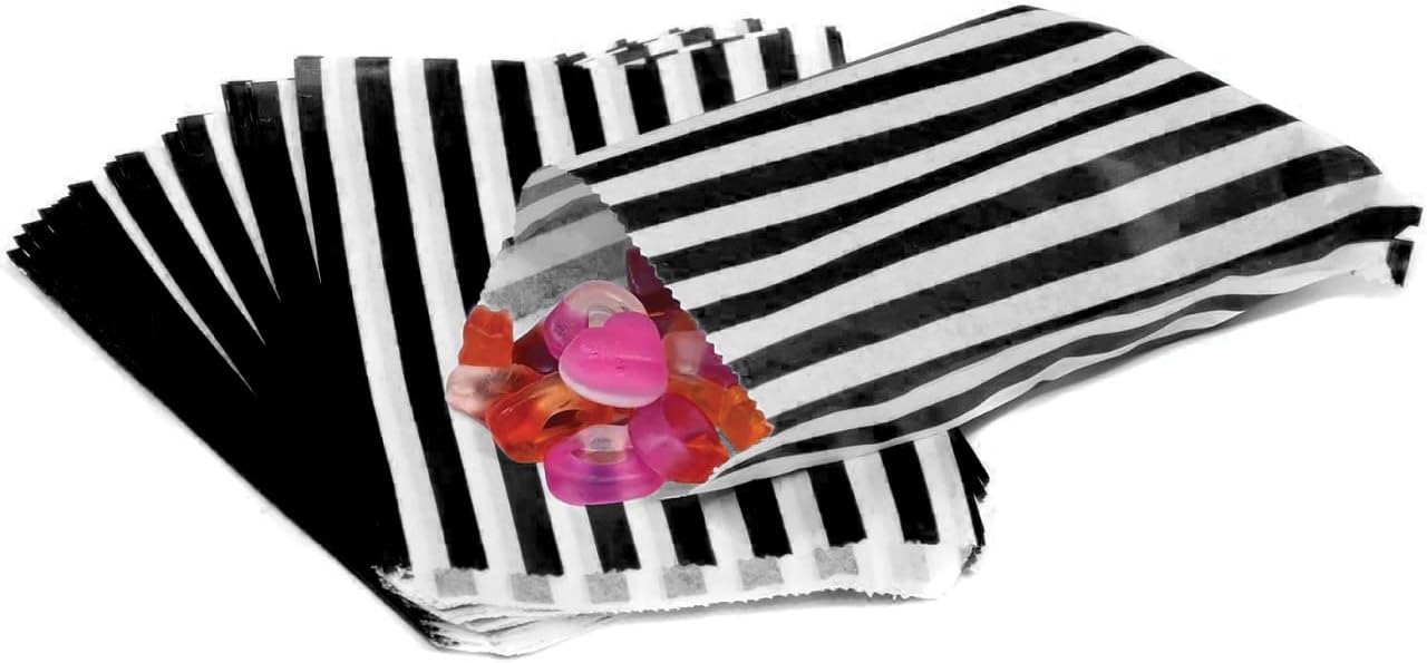 50 Striped Candy Paper Sweet Bags - Small Striped Bags for Sweets, Candies & Cake - 5" x 7", Black