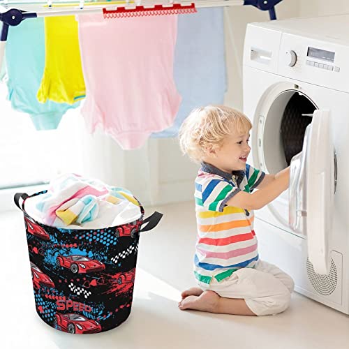 Red Cars Pattern Laundry Baskets Cartoon Racing Car Waterproof Collapsible Laundry Hamper With Handles Round Toy Bin For Dirty Clothes,Kids Toys,Bedroom,Bathroom #TOP4