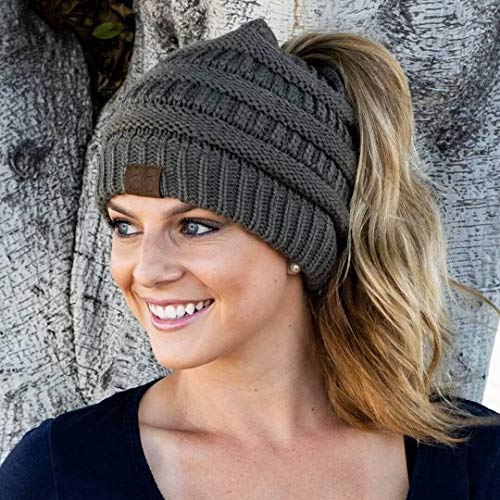 Funky Junque Solid Ribbed Beanietail Messy Bun High Ponytail Beanie Hat - Charcoal #TOP2