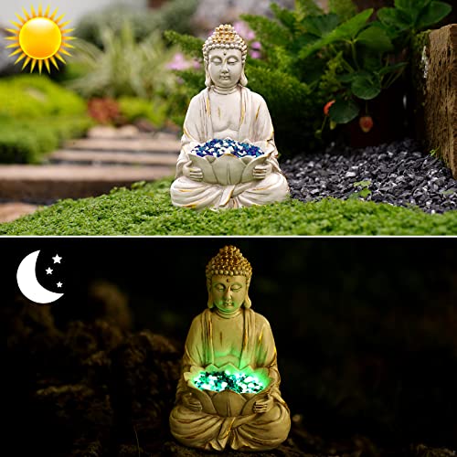 Goodeco Meditating Buddha Statue Sculpture - Outdoor Sitting Sculpture Decoration,Marble Finish With Lotus And Magical Glow In The Dark Pebbles And Glass Stones,Gift Idea,White Color (12 Inch) #TOP1
