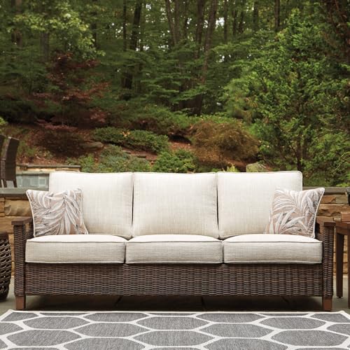 Signature Design by Ashley Paradise Trail Outdoor Patio Sofa with Cushion and 2 Pillows, Brown & Beige - Image 3
