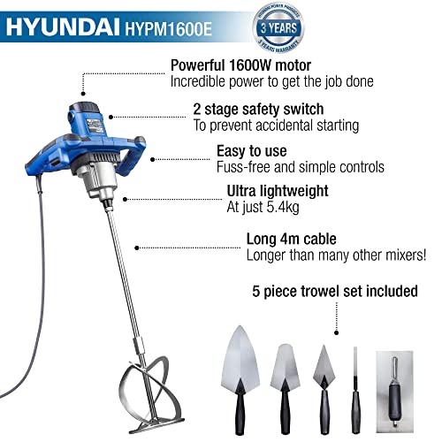 Hyundai Electric Paddle Mixer, 1600w / 1.6kw Plaster Mixing Tool, 230v/240v, 4m Power Cable, 990rpm Mixing Speed, 5 Piece Trowel Set, Multi-Purpose & 3 Year Warranty 3 Hyundai Electric Paddle Mixer, 1600w / 1.6kw Plaster Mixing Tool, 230v/240v, 4m Power Cable, 990rpm Mixing Speed, 5 Piece Trowel Set, Multi-Purpose & 3 Year Warranty - Image 3