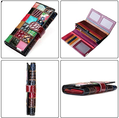 Aslana Women's Genuine Leather Wallet Patent Leather Retro Vintage Patchwork Embossed Flower Floral Wristlet Clutch Bag (Long, Trifold Patent Leather Square) #TOP2
