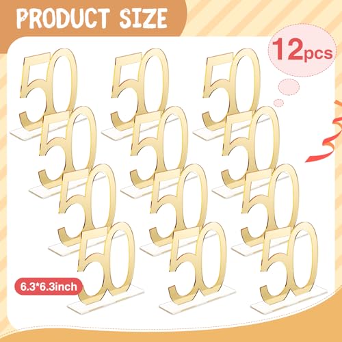 Image of Threehoney 12 Pcs Mirror Gold 50th Birthday Decorations for Men and Women Acrylic Anniversary Decorations Table Numbers Centerpieces for Birthday Party
