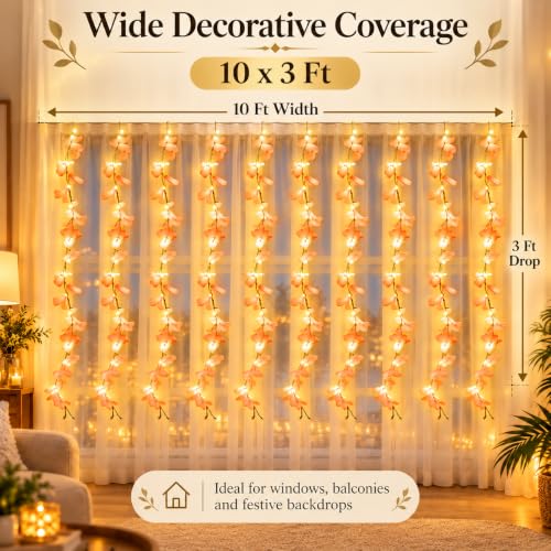 Image of One94Store Peach Artificial Flower Curtain LED String Lights - 200 LED Warm White Fairy Lights, 8 Modes, AC Plug, Orange Flower Lights for Diwali, Balcony, Bedroom, Wedding & Home Decor (10x3 Ft)