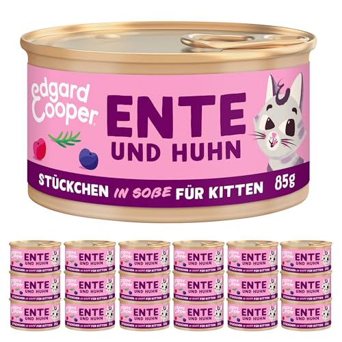 Edgard Cooper Kitten Nassfutter (Ente und Huhn, 18 x 85 g), getreidefrei, ohne Zucker, in Sauce, für sterilisierte und aktive Katzen, mit natürlichen Zutaten