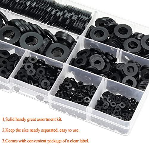 Helifouner 800 Pieces 9 Sizes Black Nylon Flat Washers Assortment Kit - M2 M2.5 M3 M4 M5 M6 M8 M10 M12 (Not Rubber Washer) #TOP5