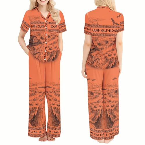 Orange Mythical Map Print Pajamas Set For Women Graphic Short Sleeve Top Sleepwear Camp Fantasy Greek Loungewears For Book Lovers Half Chronicle Y Neck Long Pants Nightwears (XL)