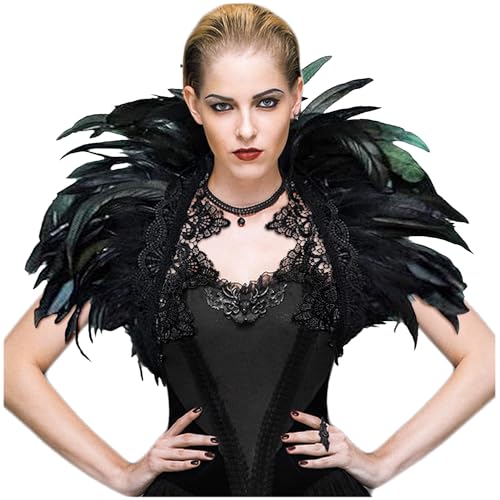 L'VOW Black Feather Shrug Cape Shoulder Wrap Lace Collar Halloween Costumes for Women