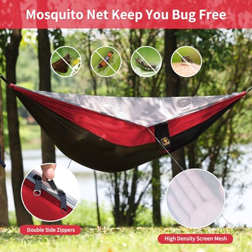 Image of Camping Hammock, Portable Hammocks with Mosquito Net,Lightweight Nylon Parachute Hammock with 10ft Tree Straps,Camping Gear Must Haves for Travel Hiking Backpacking Beach Patio-Black&Red