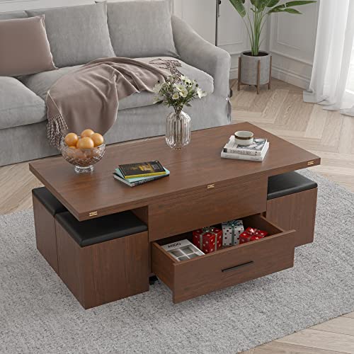 Pre-Assembled Space Saving Folding Dining Table Coffee Table With 4 Stools, Multifunctional Lift Top Coffee Table With Storage For Living Room, Extendable Dining Table Set For 8, 47 In, Rustic Brown #TOP3
