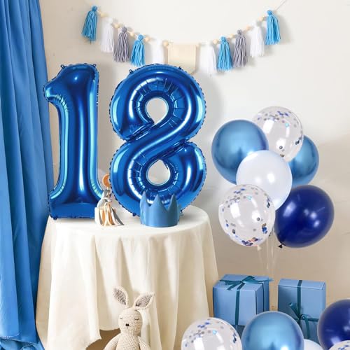 Image of Navy Blue 18 Balloons, 40 Inch Dark Blue Foil Number 18 Balloon Set, XXL Self Inflating 18 Helium Balloon with Metallic Blue Silver Confetti Balloon for Men 18th Birthday Anniversary Party Decorations