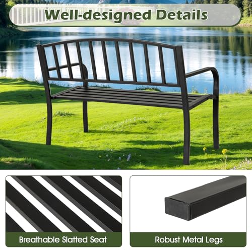 Image of Giantex Metal Outdoor Bench, Patio Garden Bench with Backrest, Curved Armrests, Slatted Seat for 2-3 Persons, 660 LBS, Heavy-Duty Outside Seating Loveseat for Yard, Porch, Park, Black