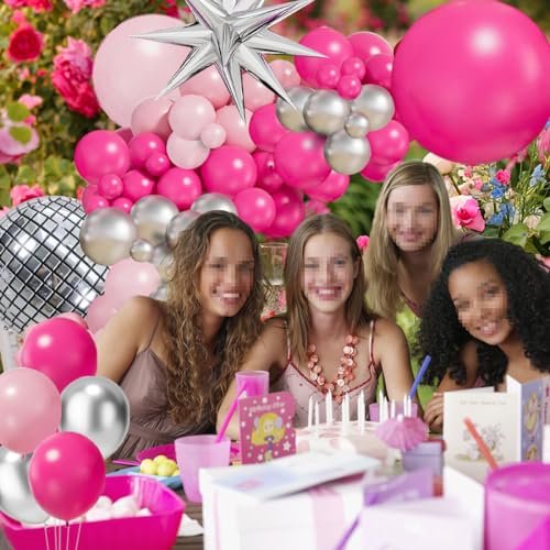 Image of Hot Pink Balloon Garland Arch Kit (Pack of 2) | Pink silver Chrome Balloons with Silver Disco Ball Explosion Star Balloon for Women Birthday Party Valentine's Day Bridal Sho