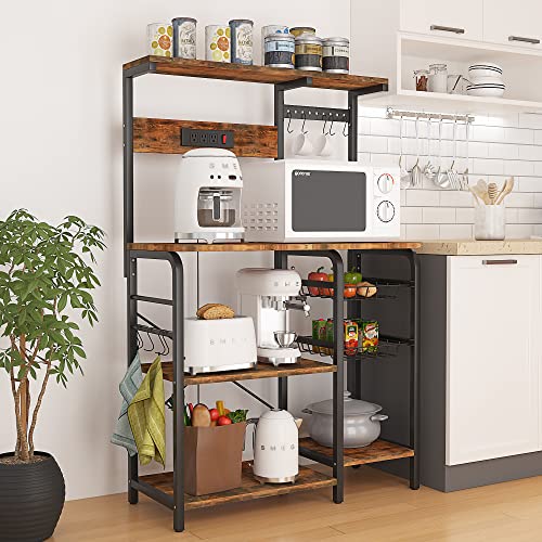 Yilfana Kitchen Bakers Rack With Power Outlet, Bakers Racks For Kitchen With Storage, Microwave Stand With Storage, Kitchen Rack And Shelves With 2 Wire Baskets, 10 S-Hooks, Kitchen Storage Shelves #TOP1